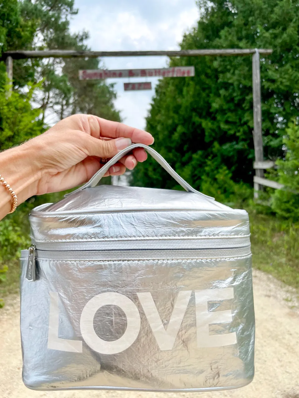 Cosmetic Case or Lunch Box in Silver with White "LOVE"