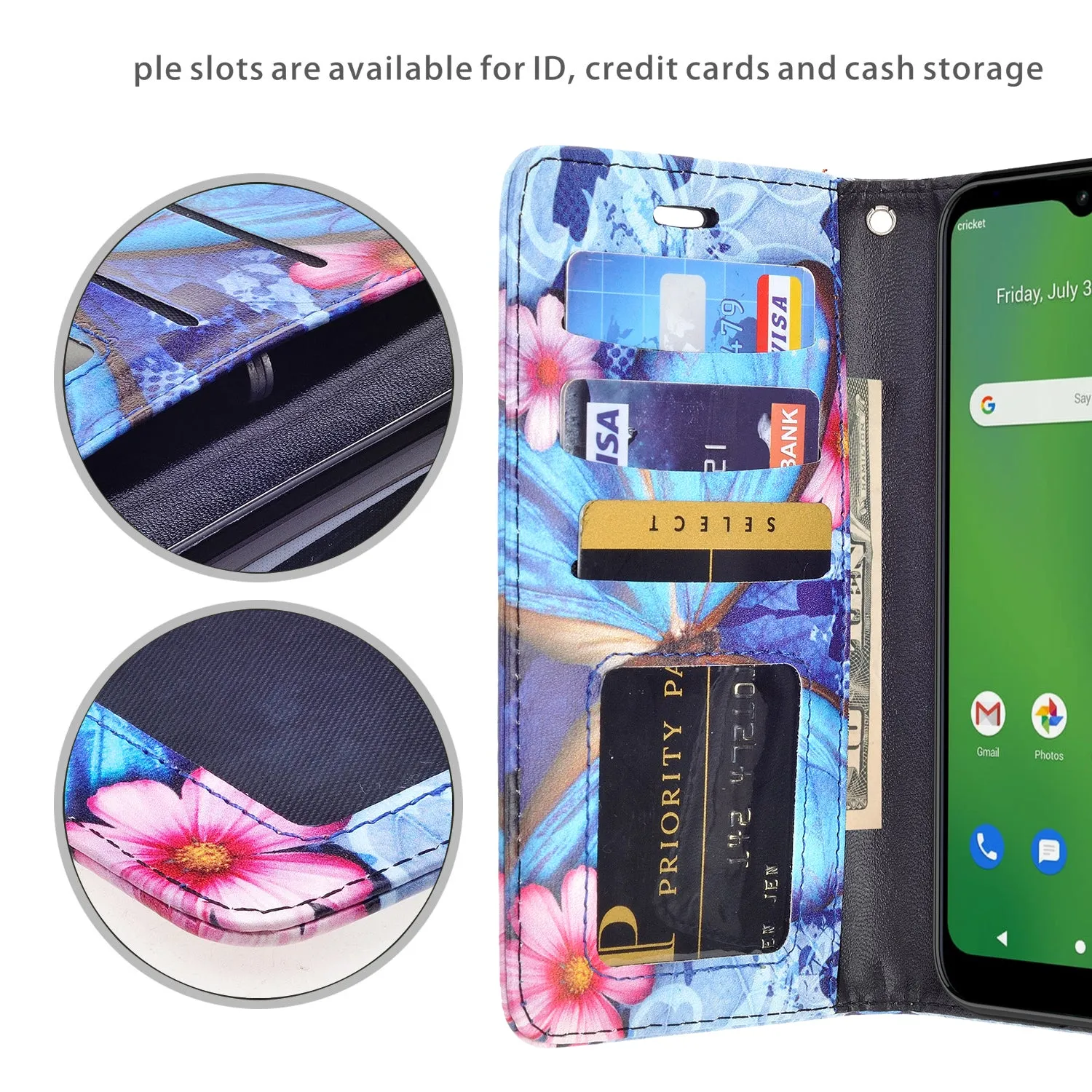 Cricket Ovation Case, AT&T Radiant Max Wallet Case, Wrist Strap Pu Leather Wallet Case [Kickstand] with ID & Credit Card Slots - Blue Butterfly