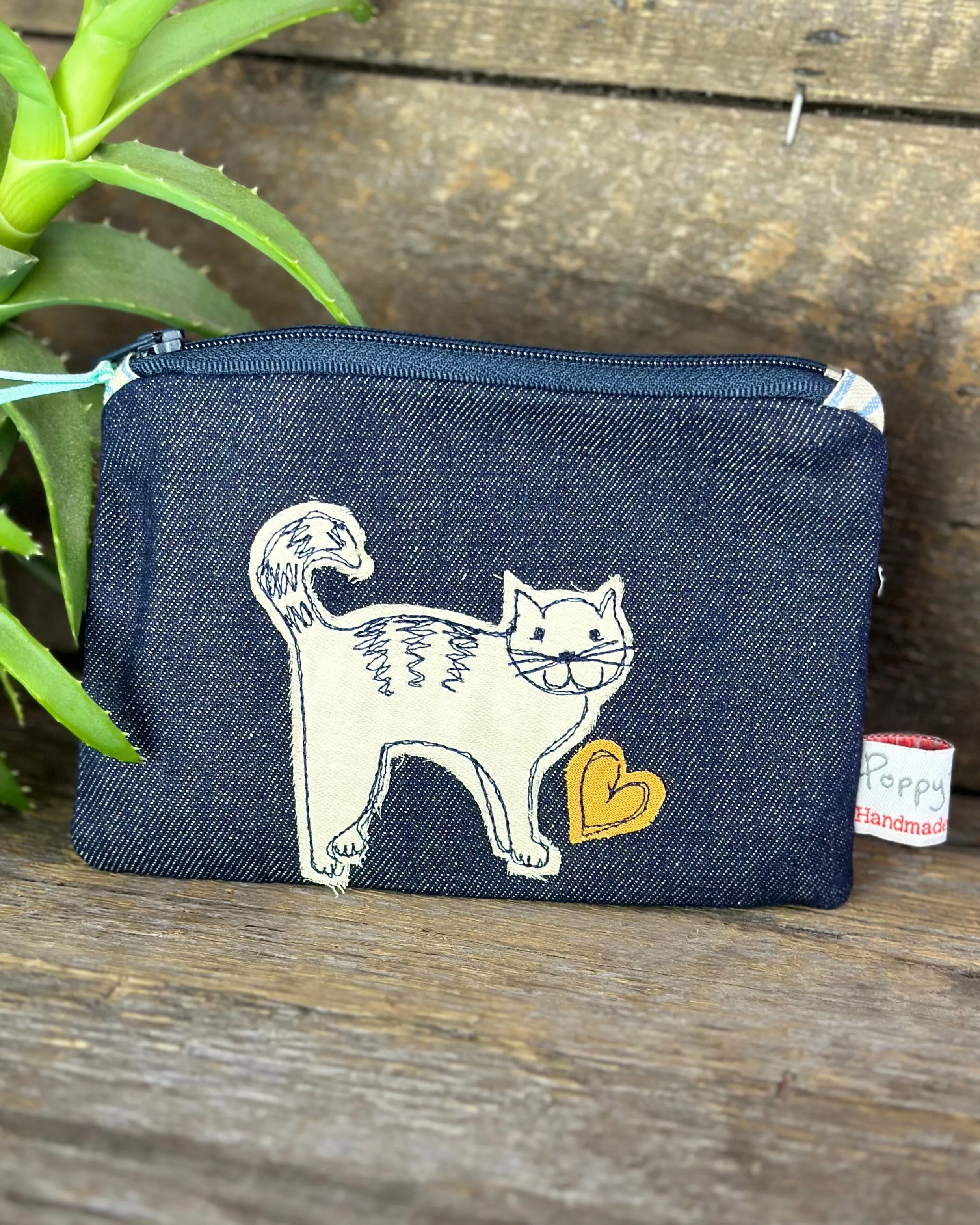 Cute Cat Embroidered Coin Purse - Denim