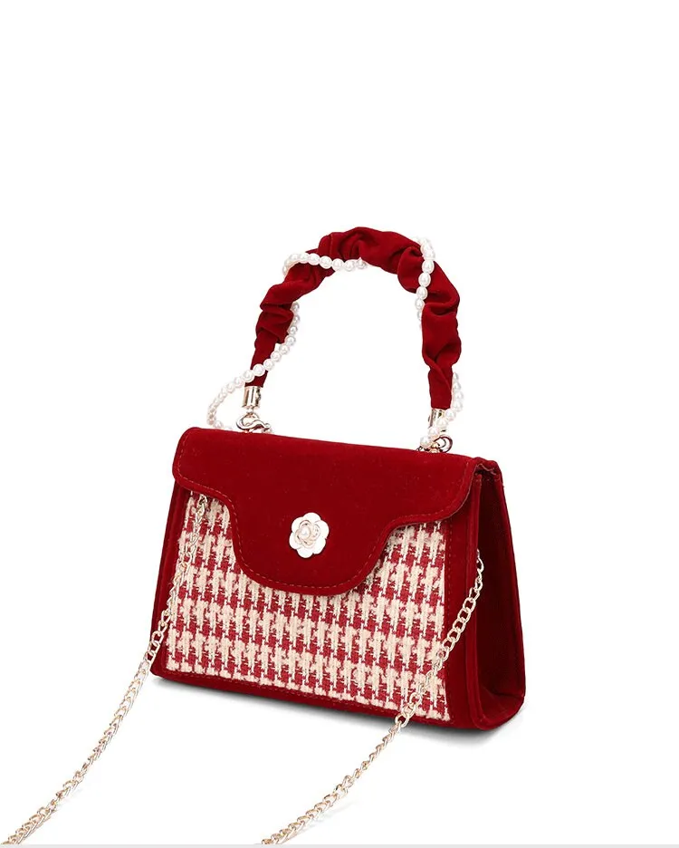 Cute Red & White Minimalist Simple Slick Houndstooth Luxury Handheld Wraparound Pearls Strap Handle Velvet Handbag for Women, Shoulder Bag