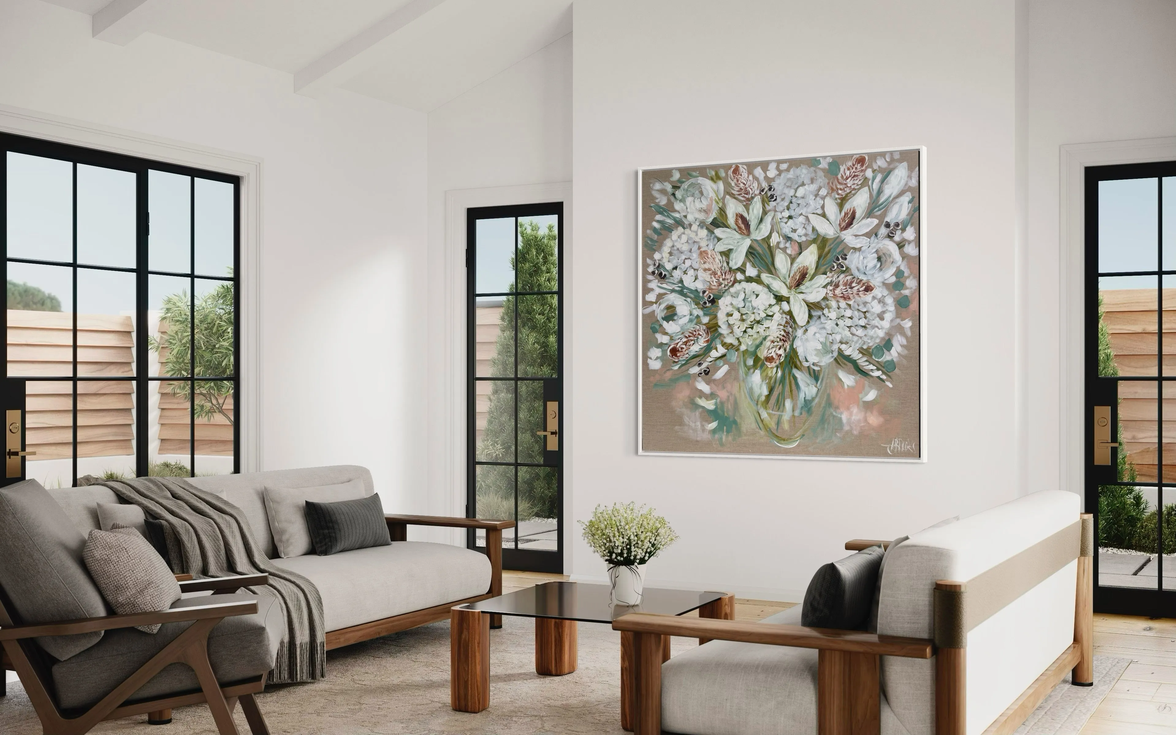 Elegant white blooms and banksia -Original on Belgian linen 120x120 cm