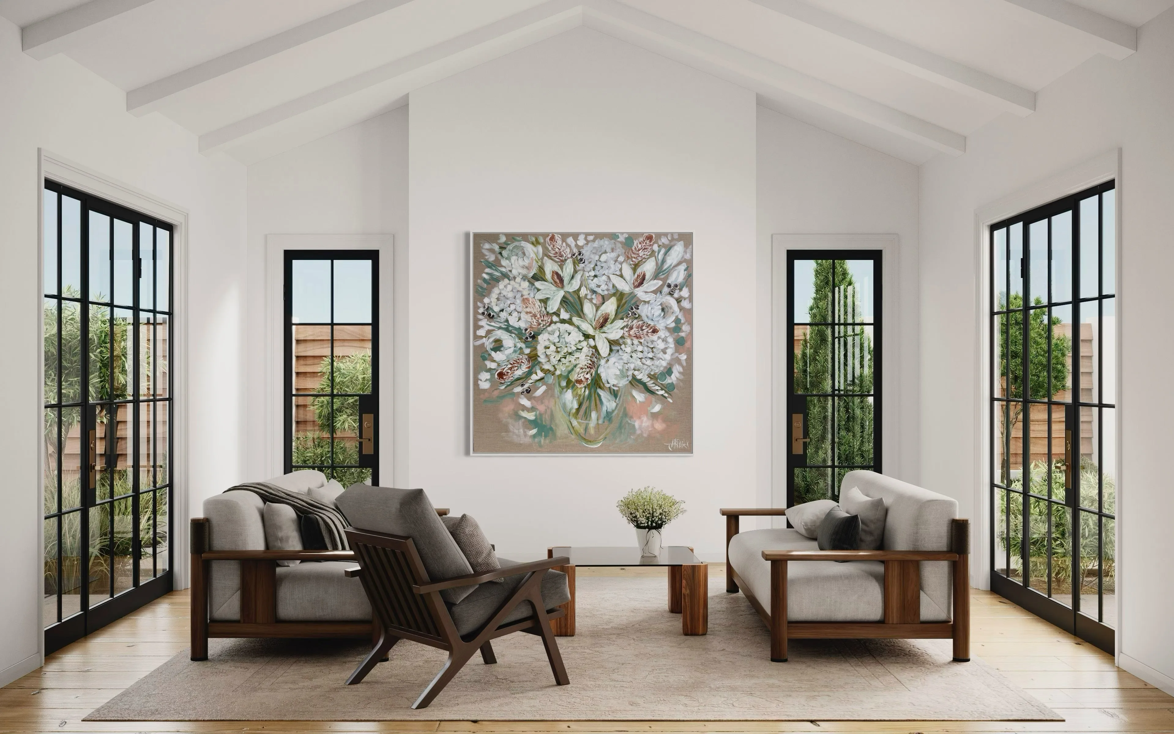 Elegant white blooms and banksia -Original on Belgian linen 120x120 cm