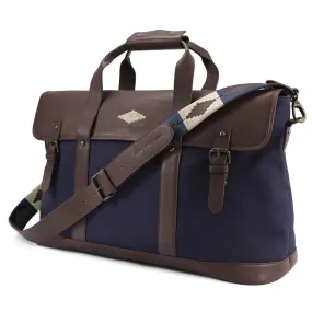 Escapada Holdall Travel Bag - Brown Leather and Navy Canvas w/ Cream Stitching by Pampeano