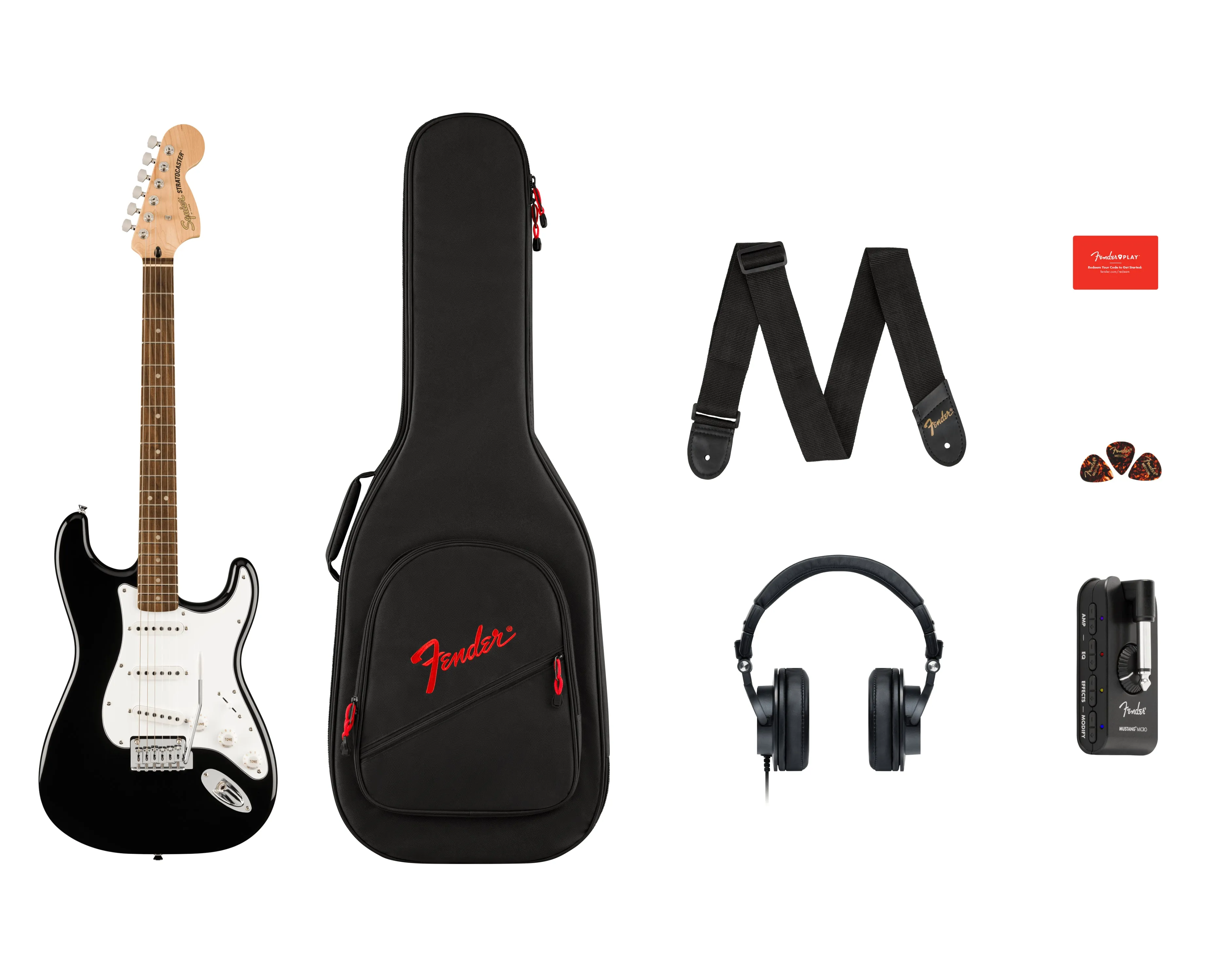 Fender Squier Affinity Series Stratocaster Mustang Micro Pack, Laurel Fingerboard, Black, Gig Bag