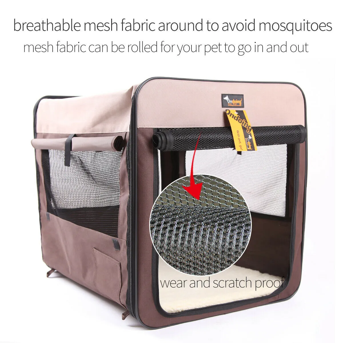 Foldable Soft Pet Crate Kennel with Mesh Windows - Brown, 82x58x58CM