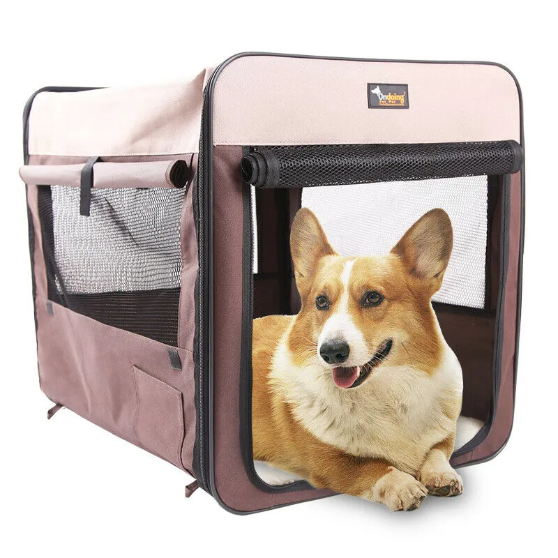 Foldable Soft Pet Crate Kennel with Mesh Windows - Brown, 82x58x58CM