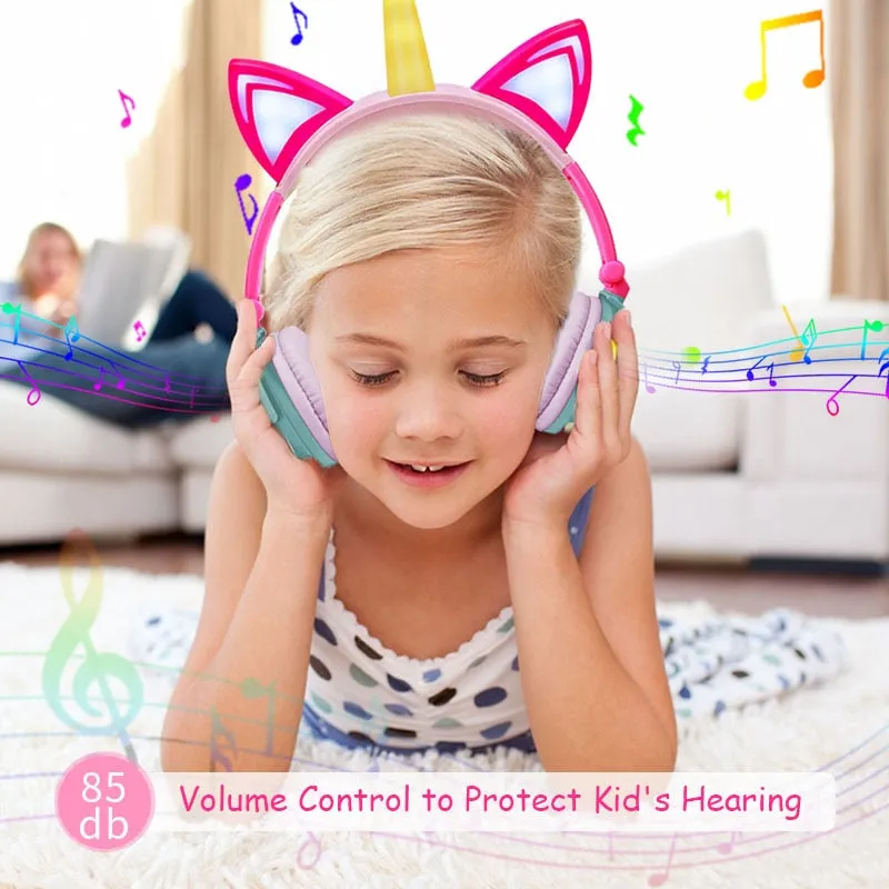 Funny Kids Headphone Led Light Unicorn Wired Headphones