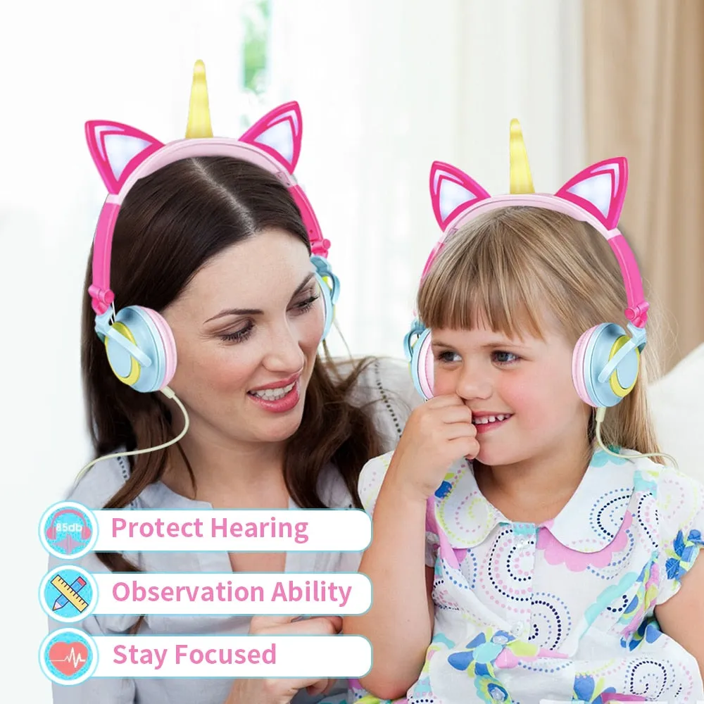 Funny Kids Headphone Led Light Unicorn Wired Headphones