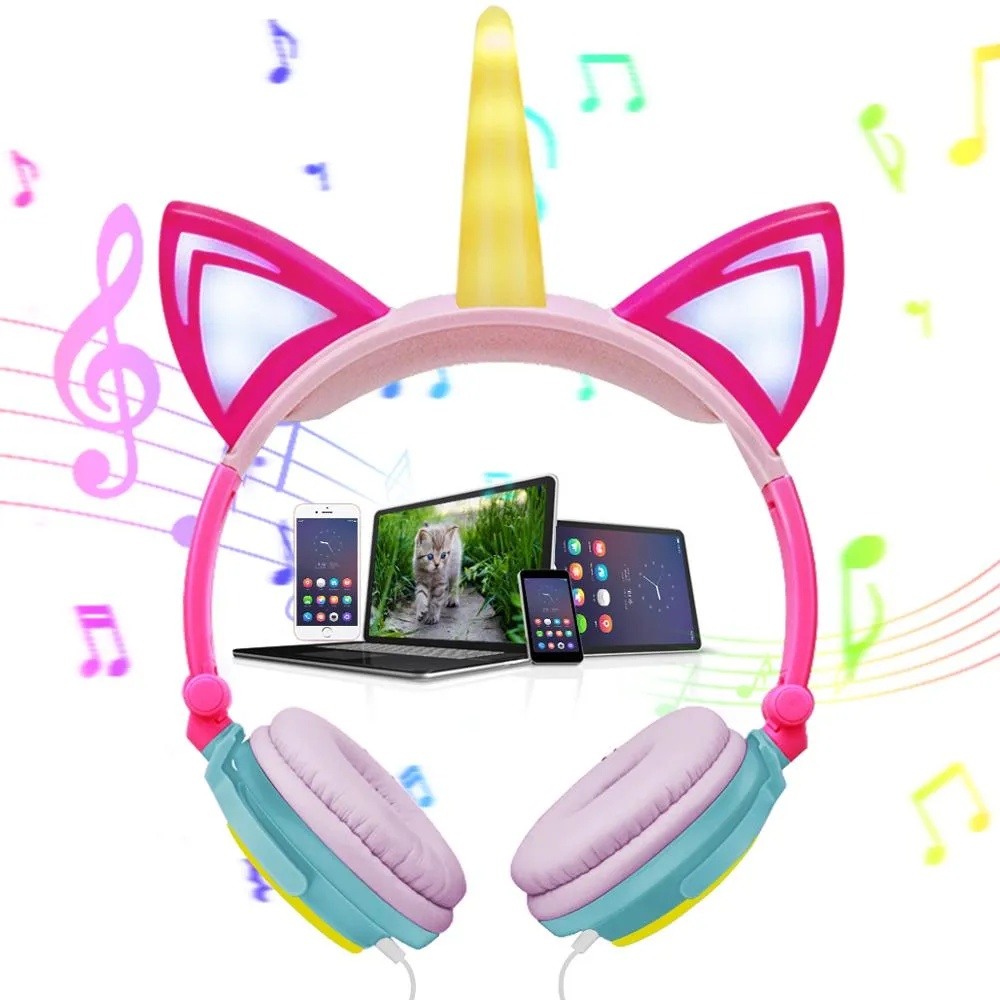 Funny Kids Headphone Led Light Unicorn Wired Headphones