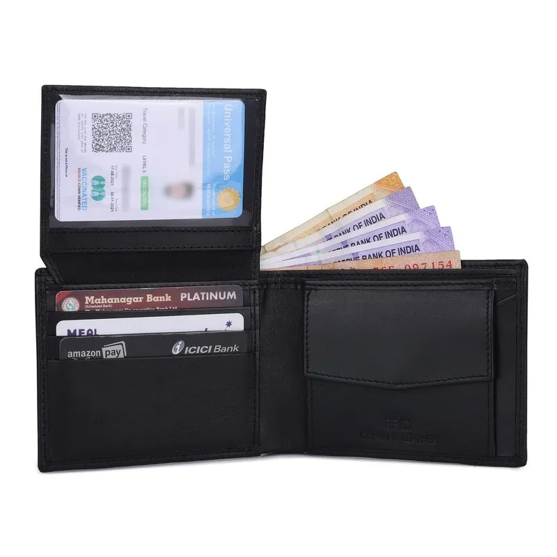 Genuine Leather Bi-Fold Wallet for Men - RFID Protected | 4 Card Slots, Coin Pocket | Black