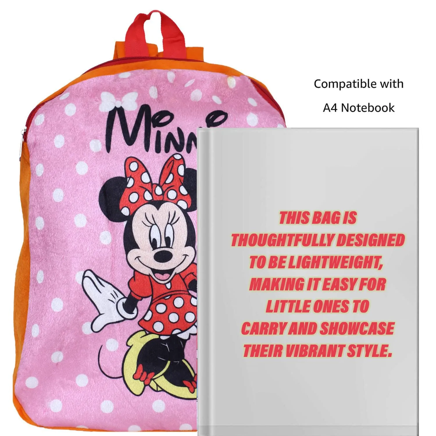 Heart Home Disney Minnie School Bag | Velvet Kids School Bags | Student Bookbag | School Bag for Girls & Boys | School Backpack for Kids | 2 Compartments | Orange