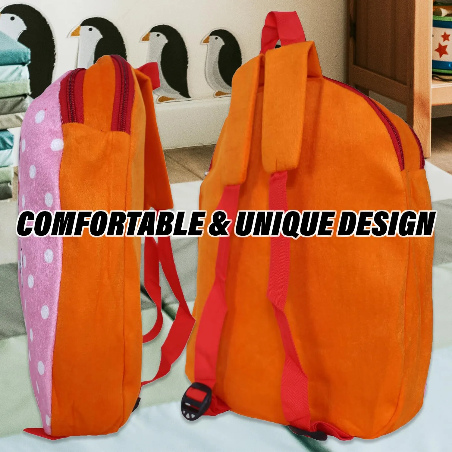 Heart Home Disney Minnie School Bag | Velvet Kids School Bags | Student Bookbag | School Bag for Girls & Boys | School Backpack for Kids | 2 Compartments | Orange