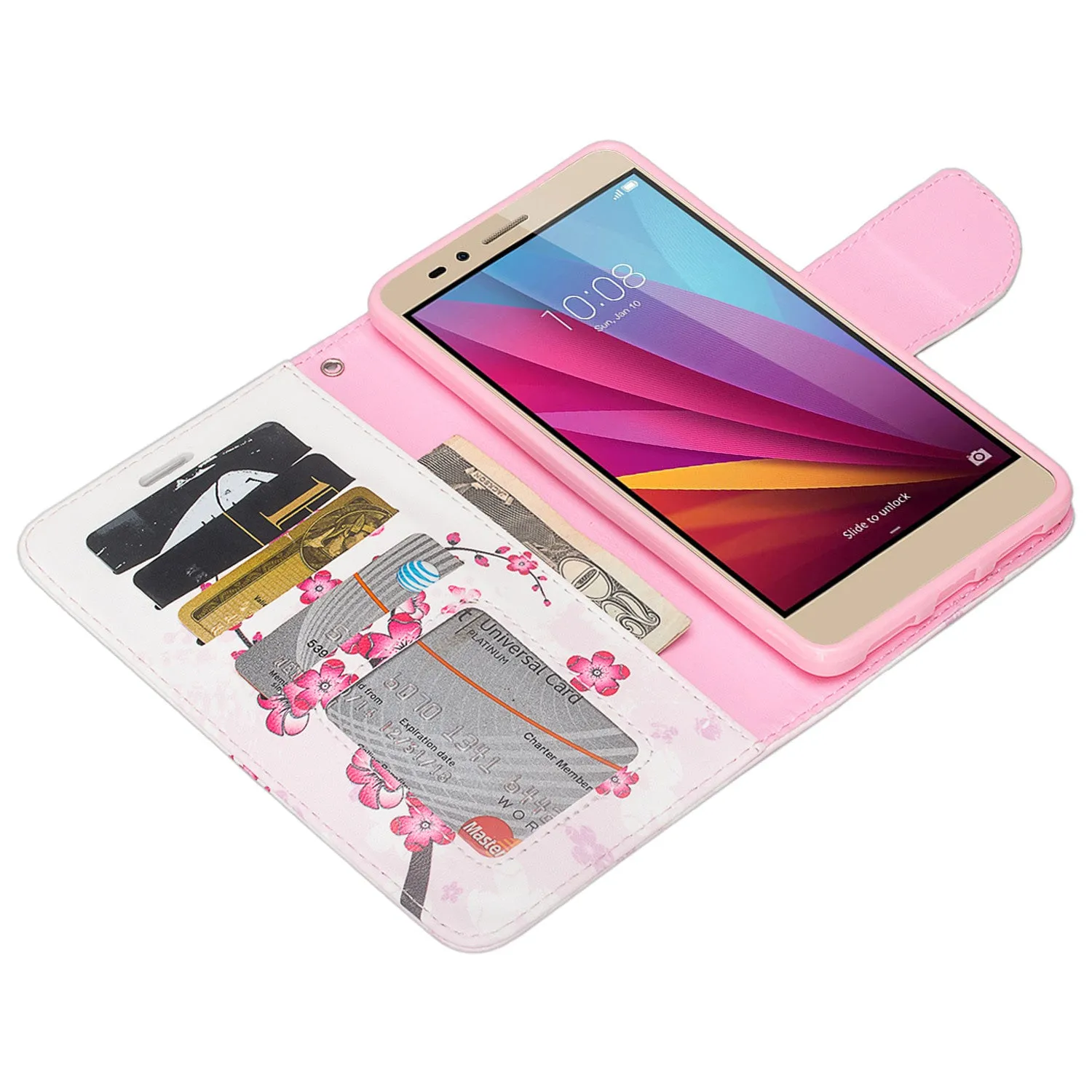 Huawei Sensa LTE Case, Wrist Strap Pu Leather Magnetic Fold[Kickstand] Wallet Case Cover with ID & Credit Card Slots for Huawei Sensa LTE - Cherry Blossom