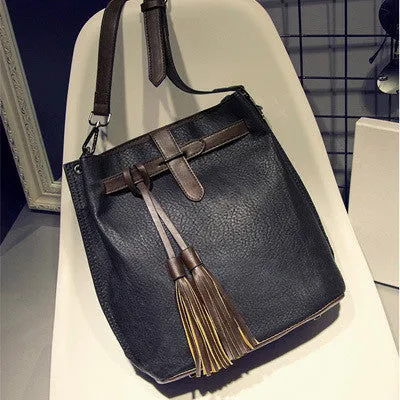 INLEELA 2016 Fashion Scrub Women Bucket Bag Vintage Tassel Messenger Bag Large Retro Shoulder Bag Simple Crossbody Bag