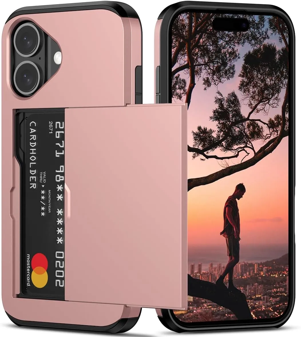 iPhone 16 Case Holder Store 5 Cards Dual Layer Heavy Duty Shockproof Wallet Case Hidden Card Slot Large Storage Cover