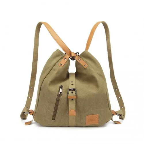 Kono Canvas Hobo Slouch Shoulder Bag and Backpack - Khaki | Stylish & Versatile