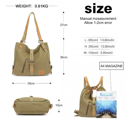 Kono Canvas Hobo Slouch Shoulder Bag and Backpack - Khaki | Stylish & Versatile