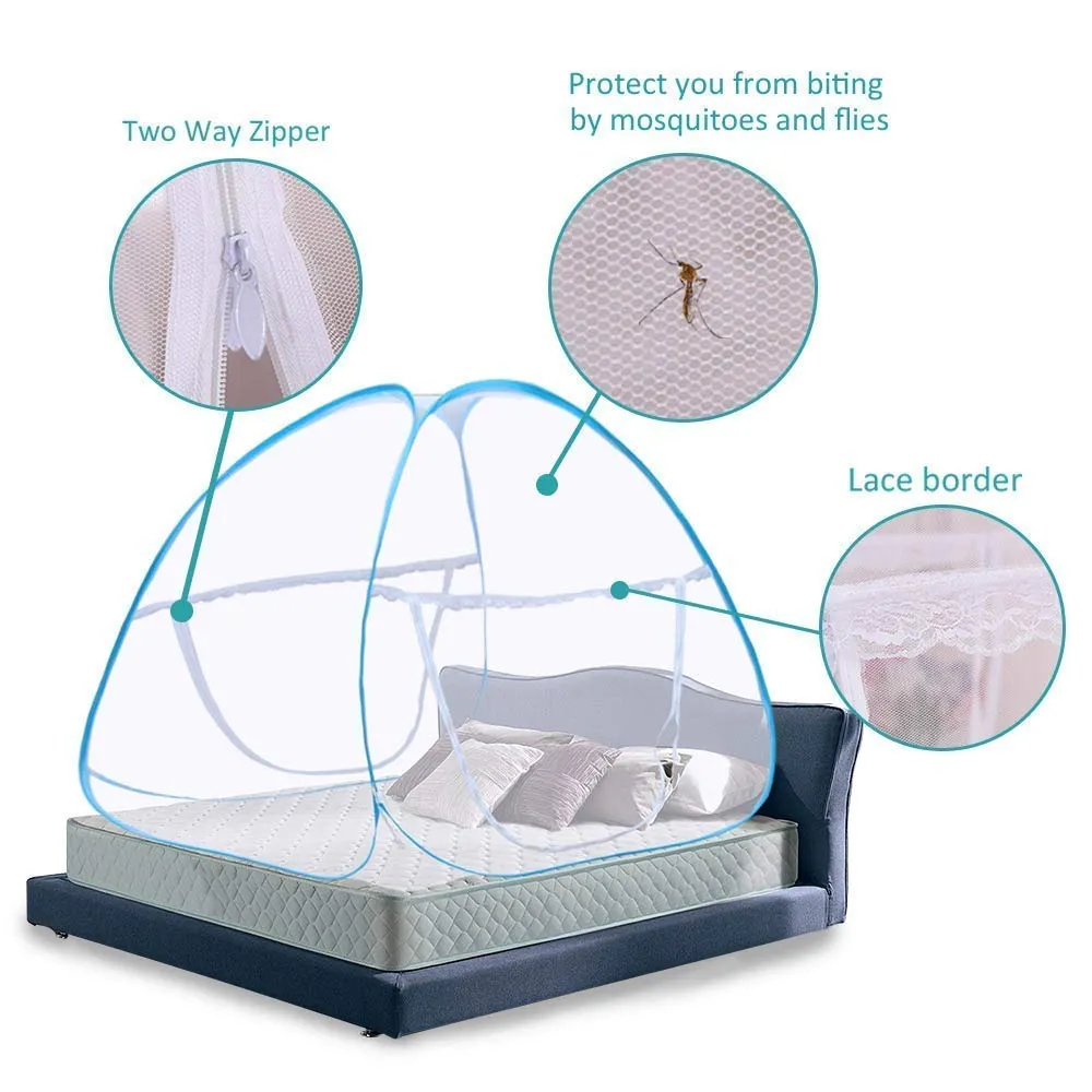 Kuber Industries Mosquito Nylon Net Foldable King Queen Size Double Bed with Free Saviours 6.5 x 6.5 Feet (Blue, CTLTC035006)