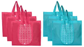 Kuber Industries Shopping Grocery Bags Foldable, Washable Grocery Tote Bag with One Small Pocket, Eco-Friendly Purse Bag Fits in Pocket Waterproof & Lightweight (Set of 6,Pink & Blue)