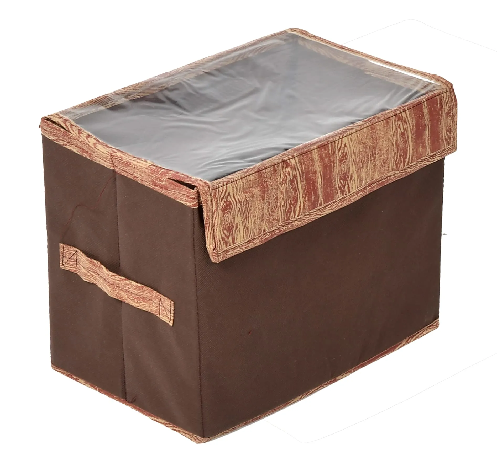 Kuber Industries Wooden Design Foldable Large Non-Woven Storage Box/Bin For Books, Towels, Magazines, DVDs & More With Tranasparent Lid- Pack of 3 (Brown) -44KM0446