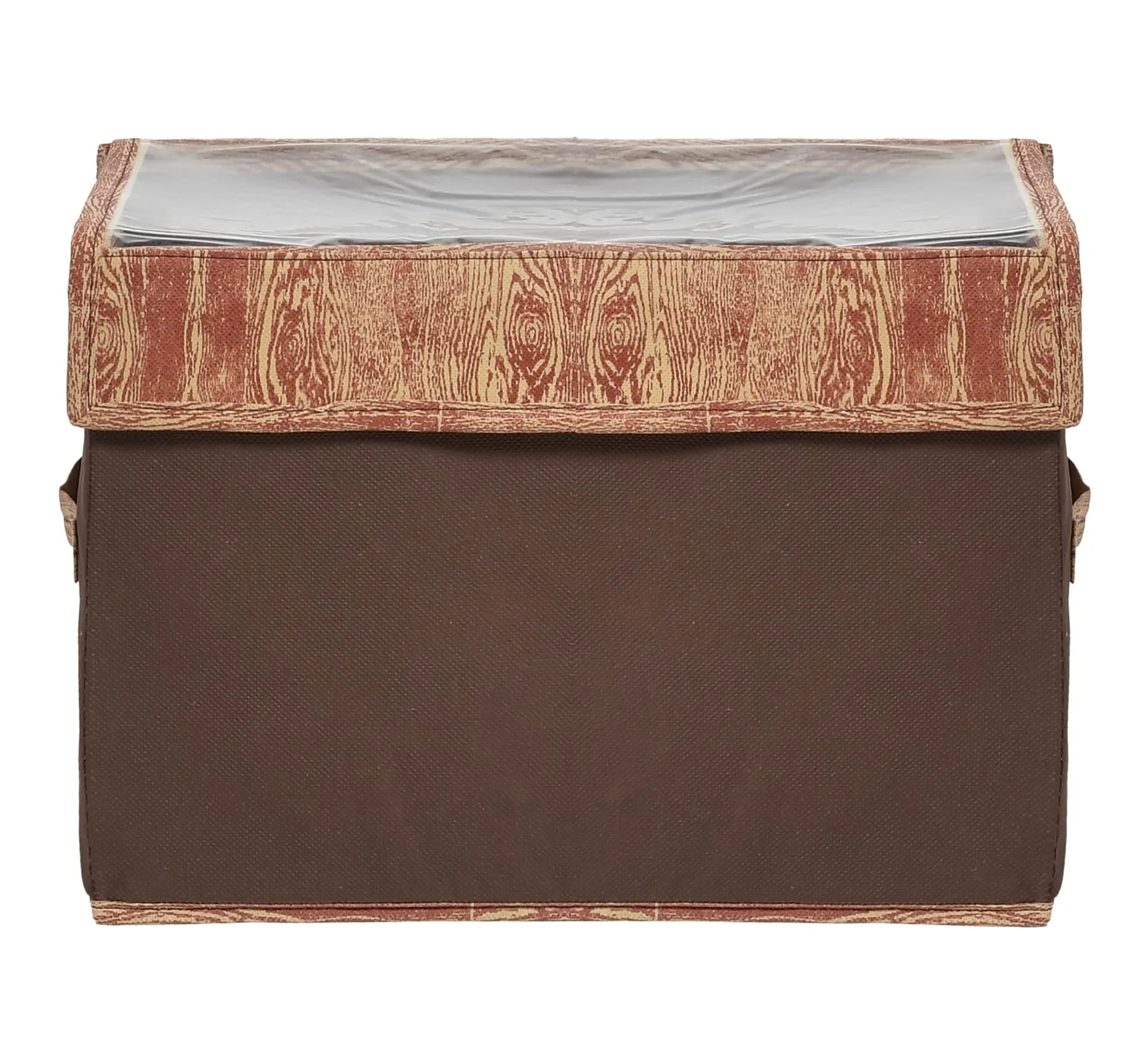 Kuber Industries Wooden Design Foldable Large Non-Woven Storage Box/Bin For Books, Towels, Magazines, DVDs & More With Tranasparent Lid- Pack of 3 (Brown) -44KM0446