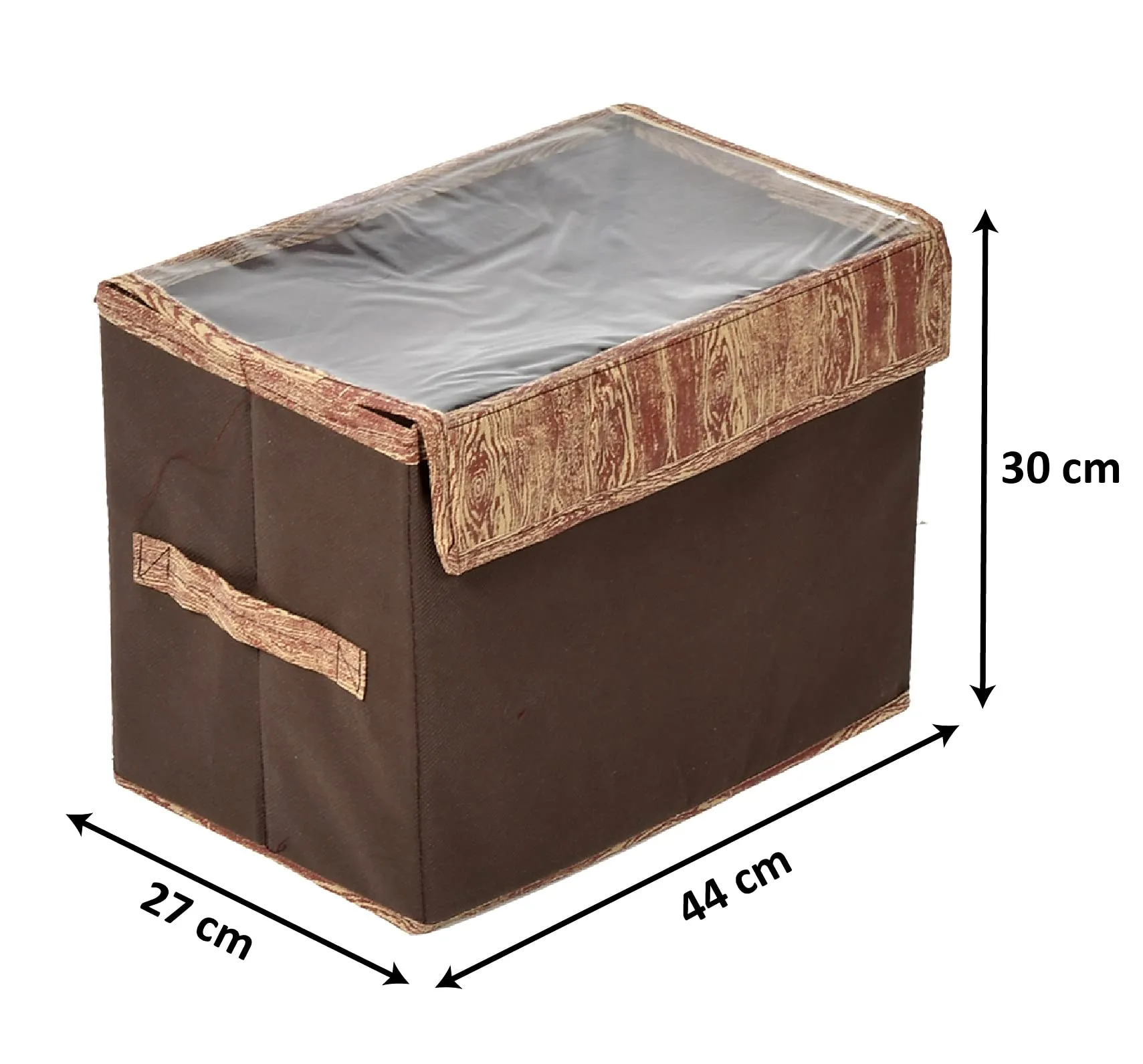 Kuber Industries Wooden Design Foldable Large Non-Woven Storage Box/Bin For Books, Towels, Magazines, DVDs & More With Tranasparent Lid- Pack of 3 (Brown) -44KM0446