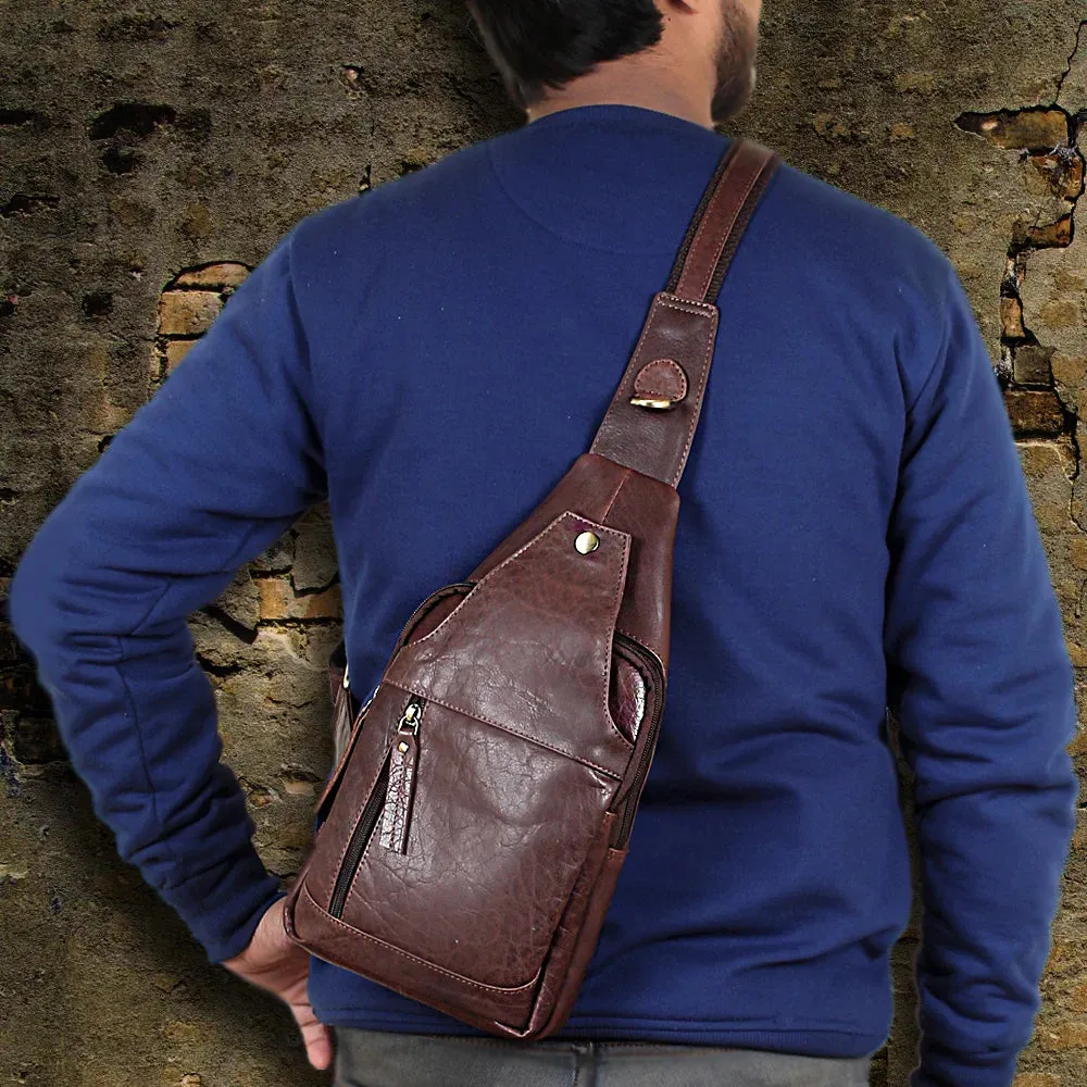 Leather Sling Bag, Chest Shoulder Backpack for Men Women (Dark Brown)