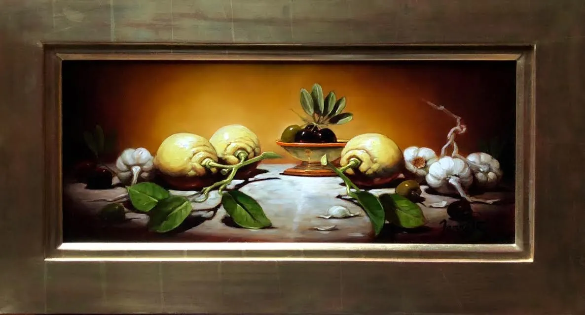 Lemon, Garlic with Olives - Old Masters Painting by Sean Farrell