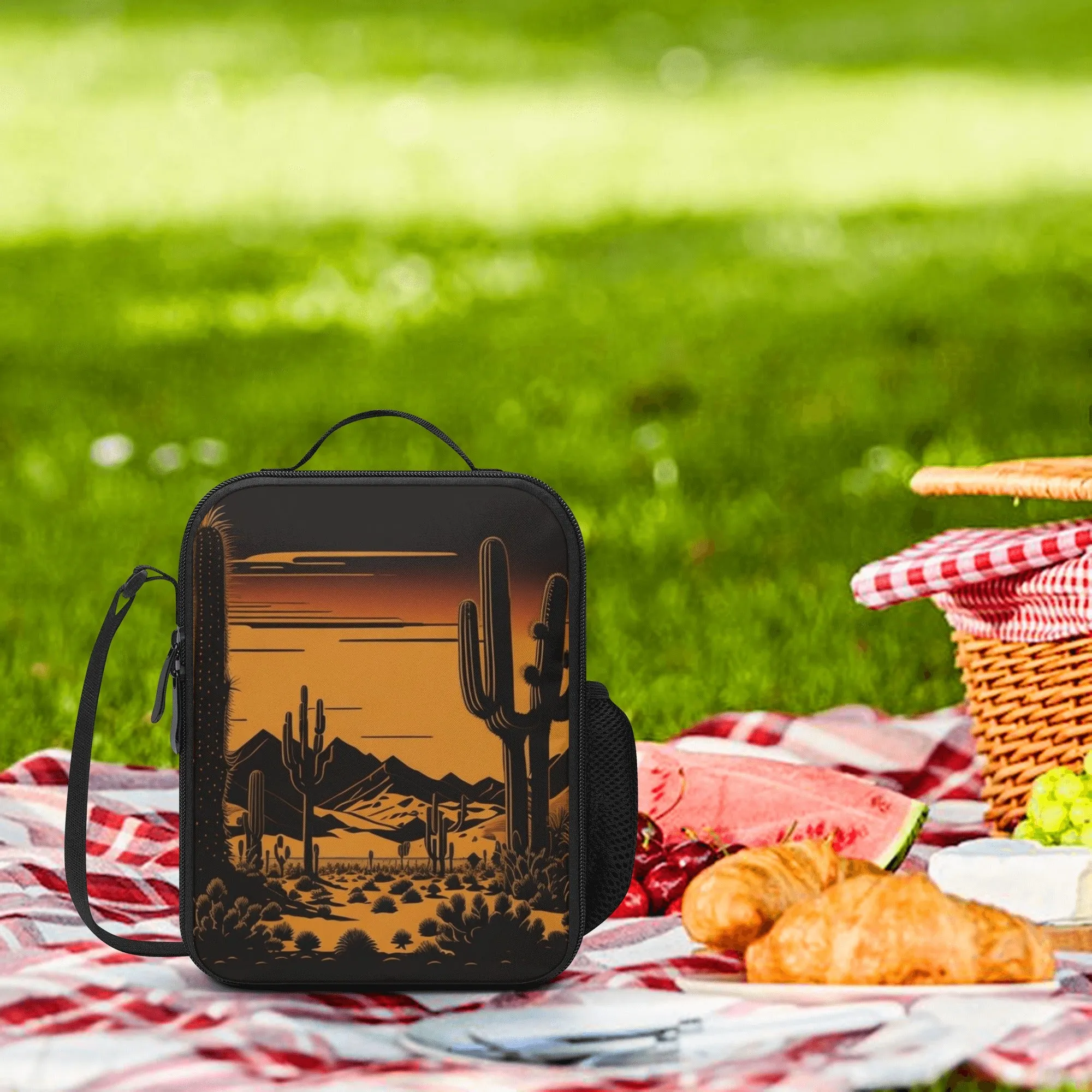 Lunch Bag-All-Over Print-Lunch Box Bag with Bottle Holder-Spacious-Retro Vintage Desert Cactus