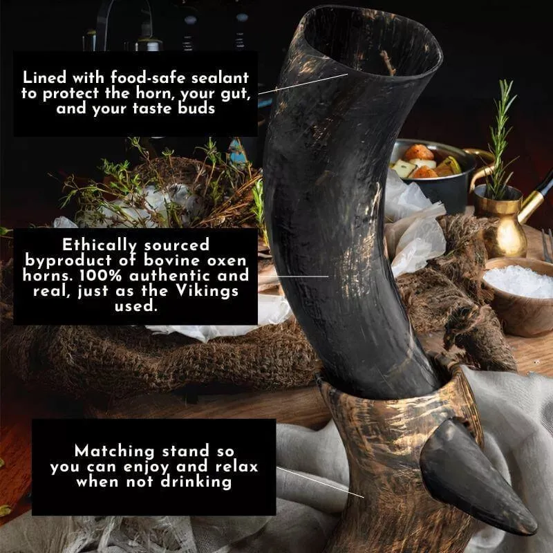 Natural Curved Viking Drinking Horn w/ Stand