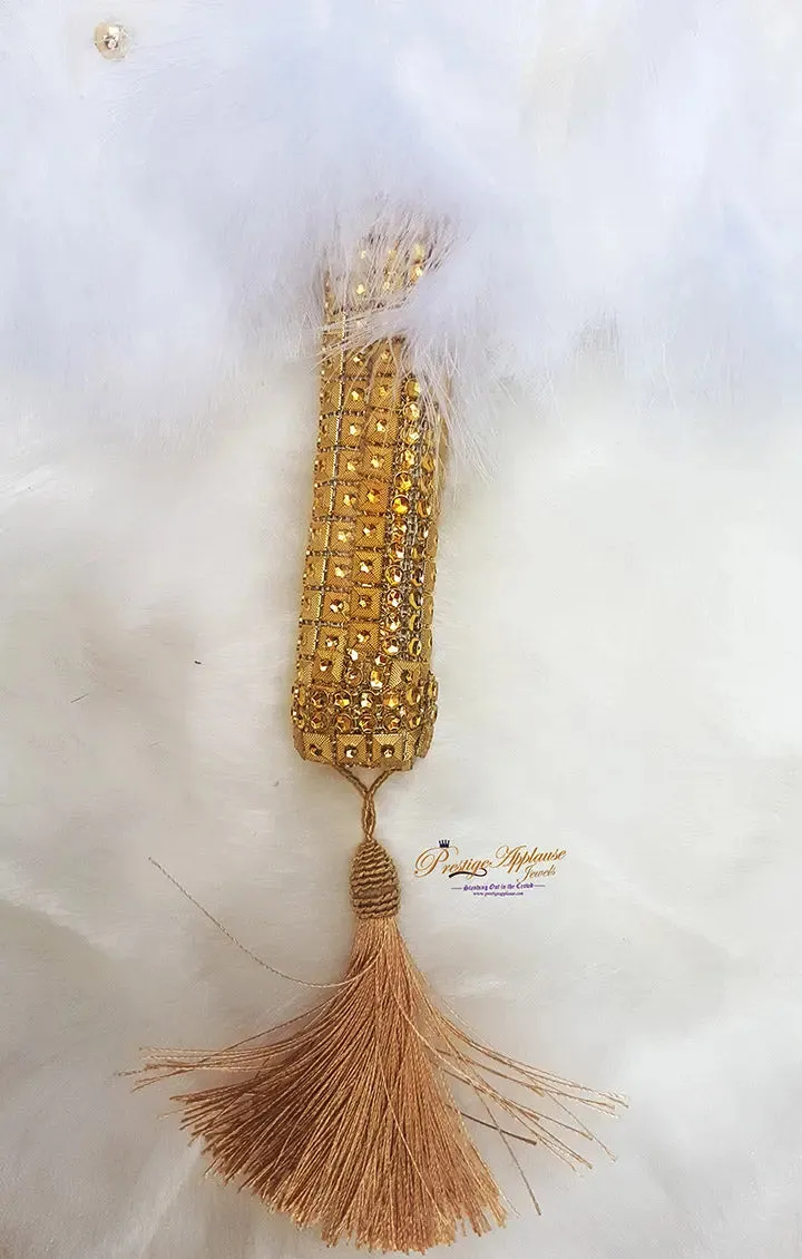 New Design White and Gold Round Feather Bridal Handfan - African Traditional Nigerian Engagement Wedding Style