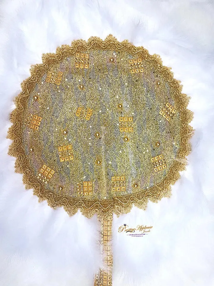 New Design White and Gold Round Feather Bridal Handfan - African Traditional Nigerian Engagement Wedding Style