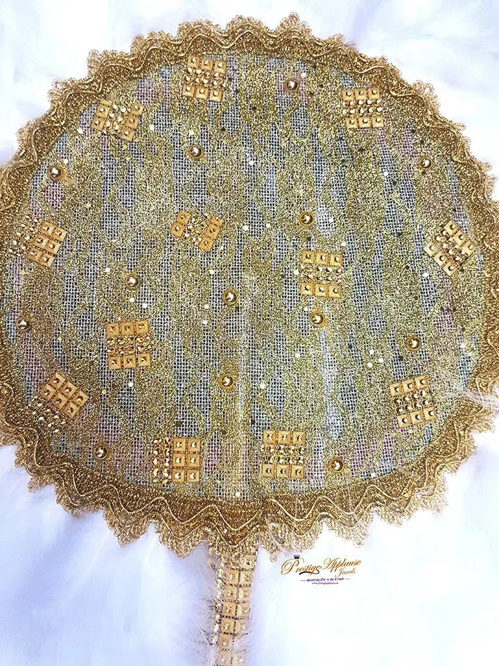 New Design White and Gold Round Feather Bridal Handfan - African Traditional Nigerian Engagement Wedding Style