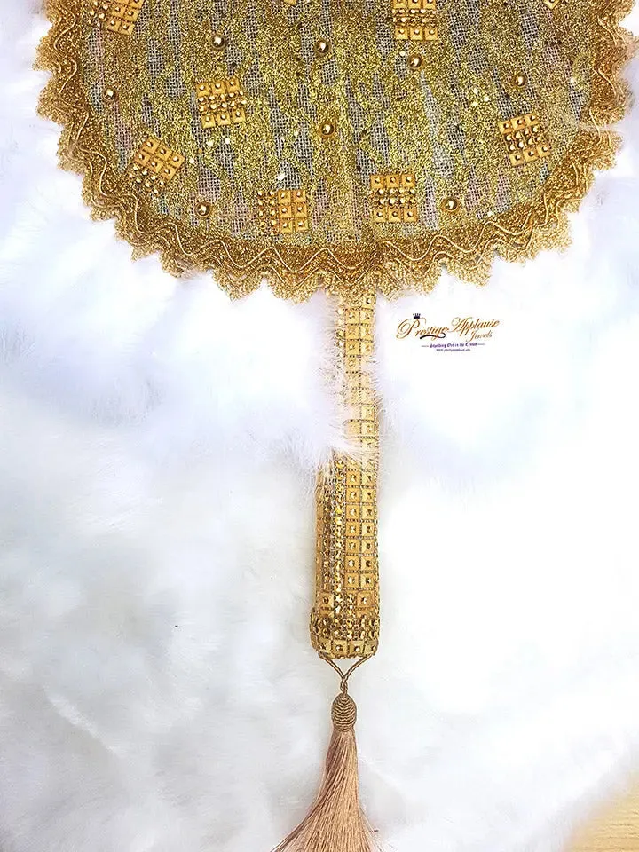 New Design White and Gold Round Feather Bridal Handfan - African Traditional Nigerian Engagement Wedding Style