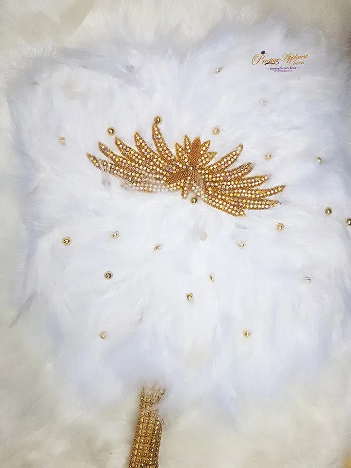 New Design White and Gold Round Feather Bridal Handfan - African Traditional Nigerian Engagement Wedding Style