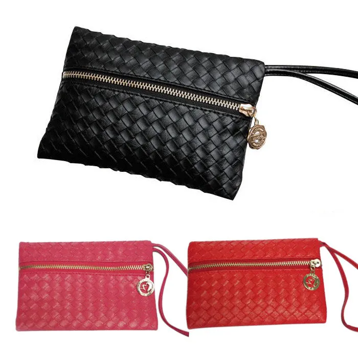 New Hot Fashion Women Leather Satchel Handbag Woven Clutch Zip Wallet Evening Bag