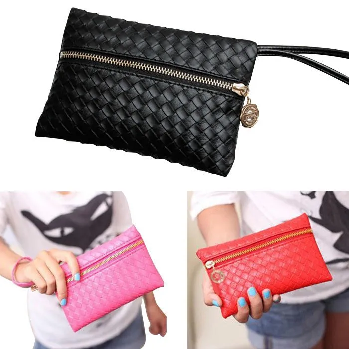 New Hot Fashion Women Leather Satchel Handbag Woven Clutch Zip Wallet Evening Bag