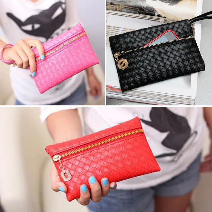 New Hot Fashion Women Leather Satchel Handbag Woven Clutch Zip Wallet Evening Bag