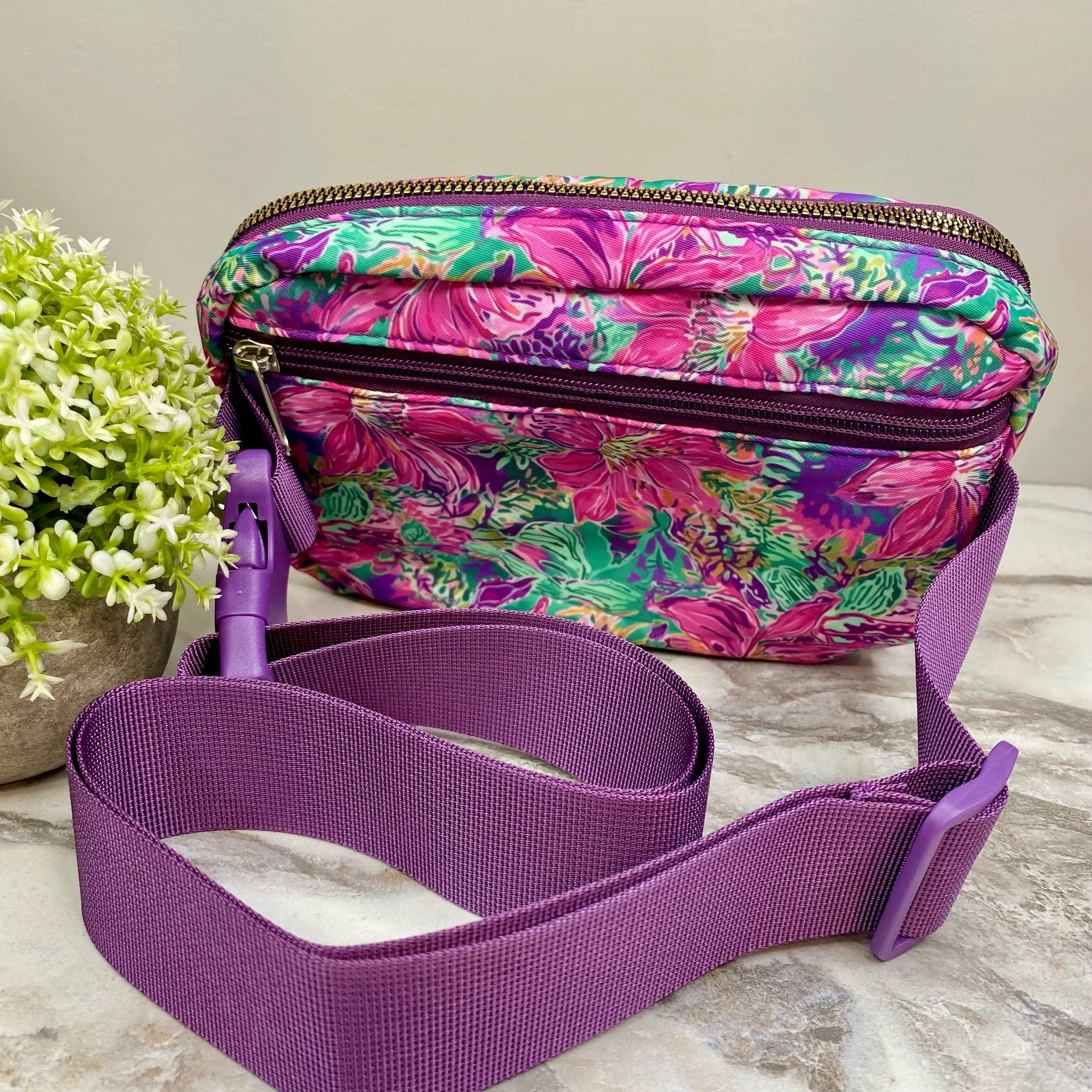 Nylon Belt Bag - Crossbody   Fanny - Floral Pink Green Dark Plum