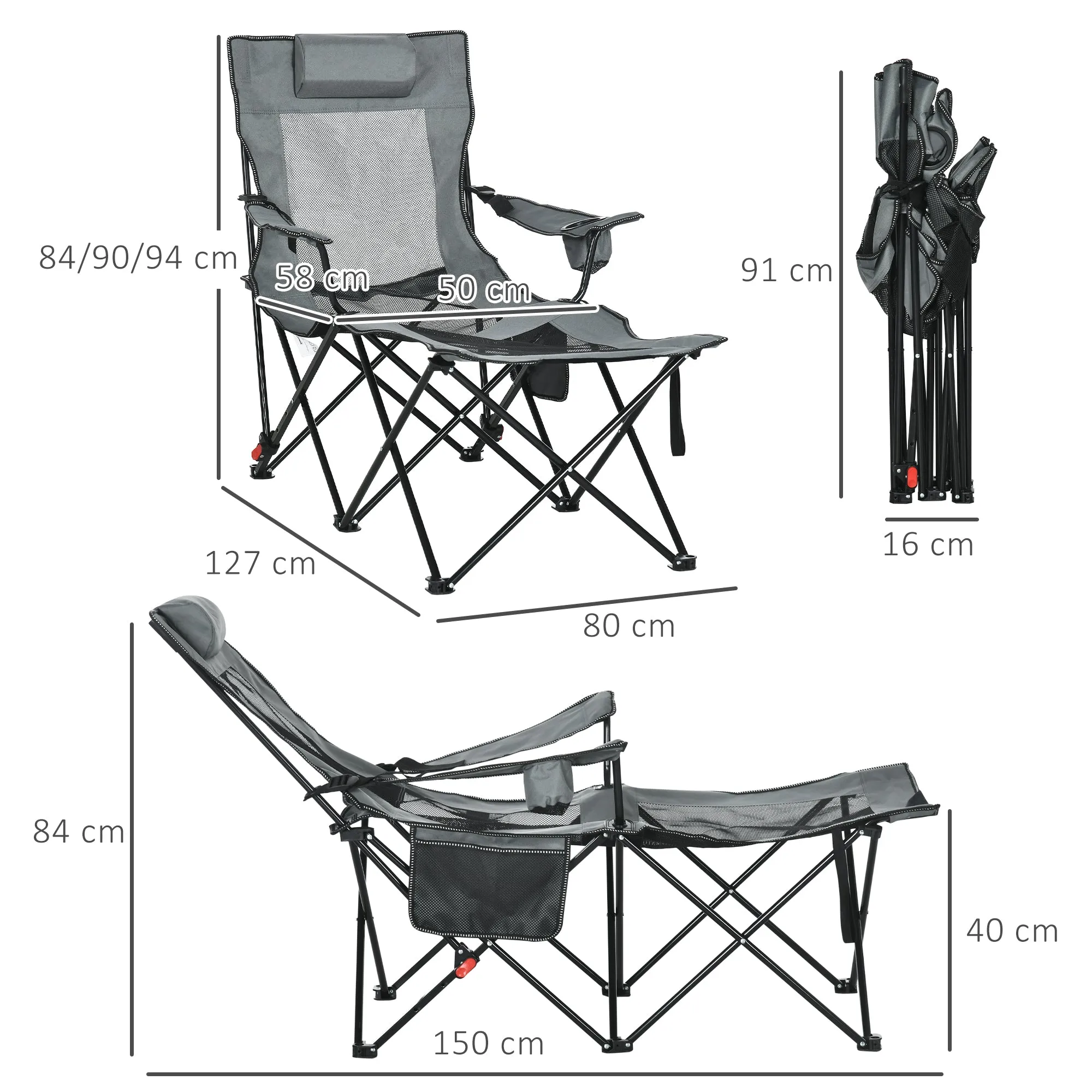 Outsunny Foldable Camping Chair w/ Footrest, Adjustable Backrest, Bag, Grey