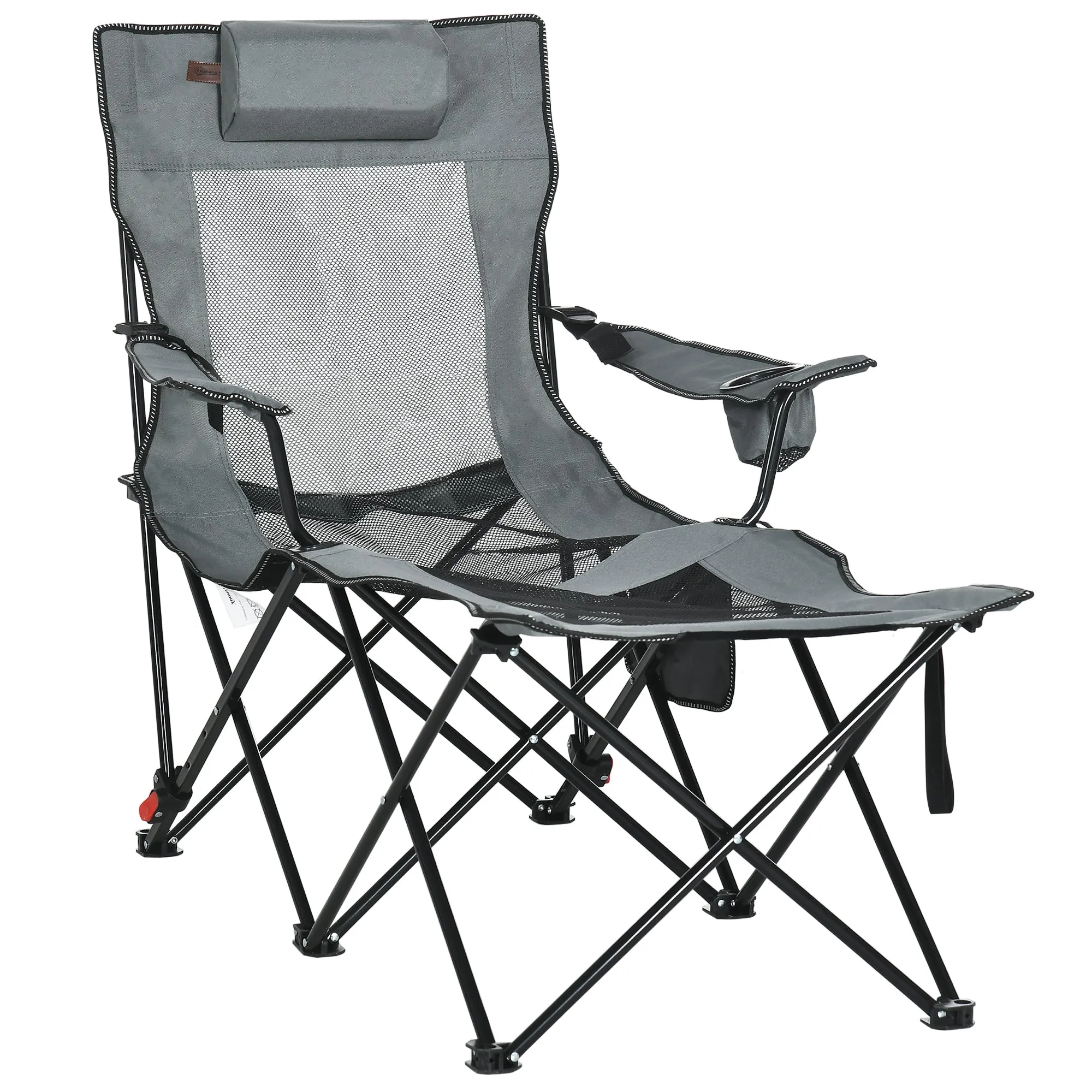 Outsunny Foldable Camping Chair w/ Footrest, Adjustable Backrest, Bag, Grey