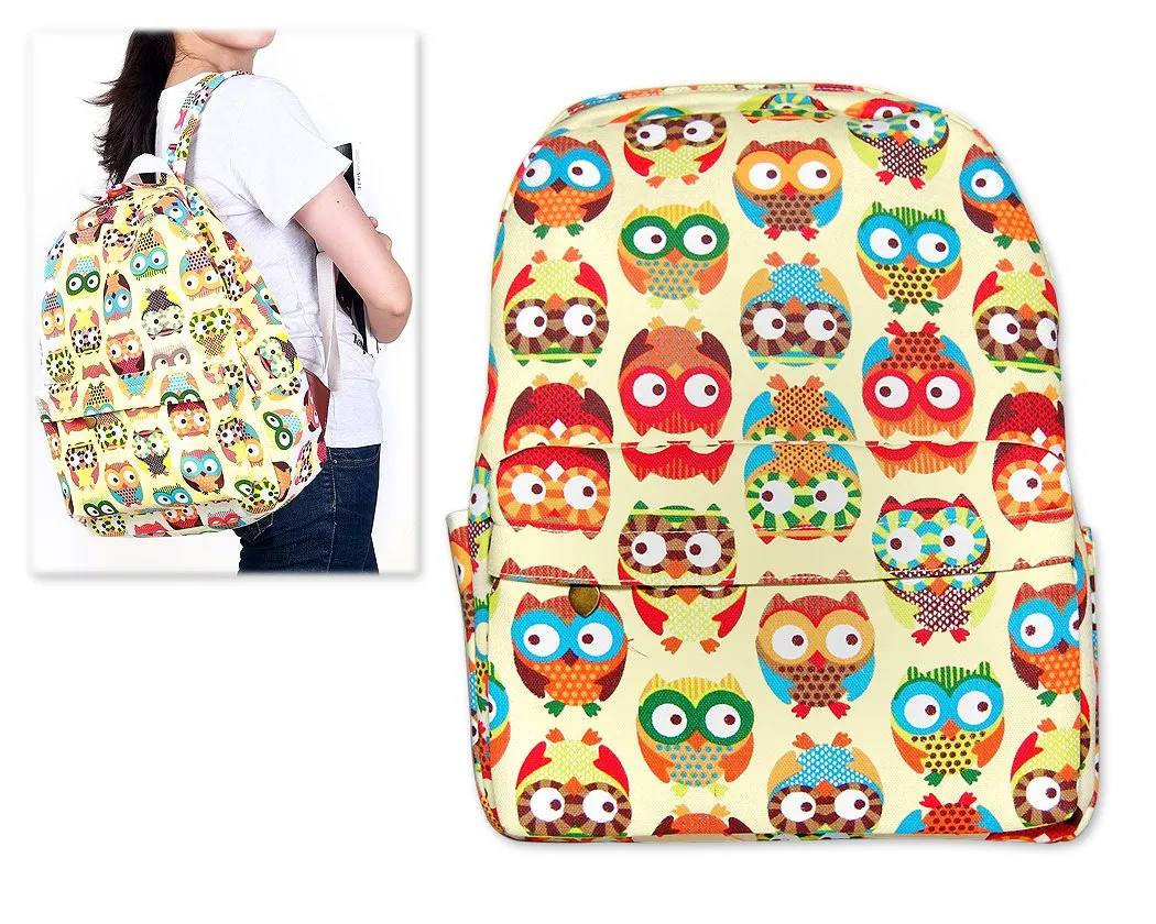 Owl Print Casual Canvas Backpack - Beige