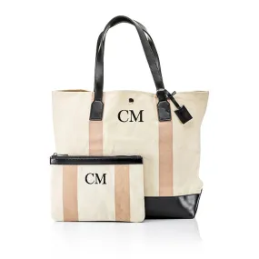 Personalised Striped Canvas Tote Bag & Clutch Bag Set - Nude