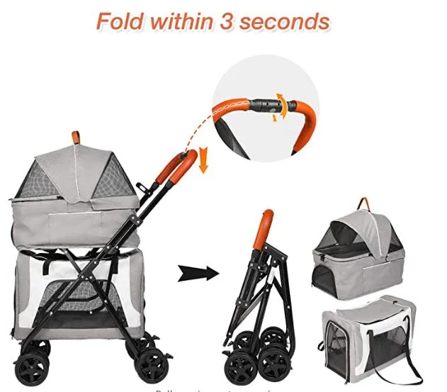 Pet Stroller for 2 Dogs Cats Folding Portable Carrier Cage Detachable 3 in 1 Pet Stroller Dual Entry