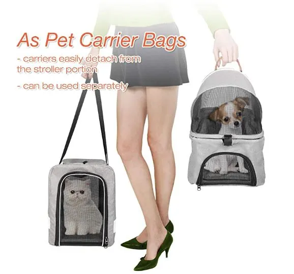 Pet Stroller for 2 Dogs Cats Folding Portable Carrier Cage Detachable 3 in 1 Pet Stroller Dual Entry