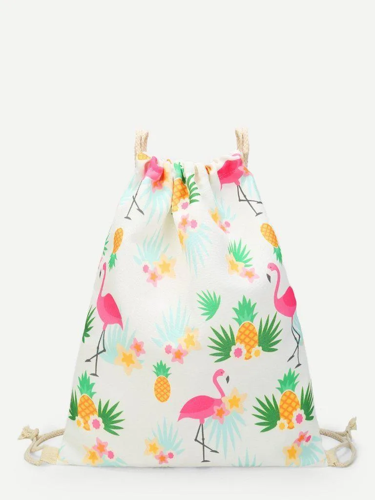 Pineapple & Flamingo Print Drawstring Backpack