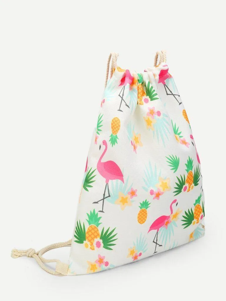 Pineapple & Flamingo Print Drawstring Backpack