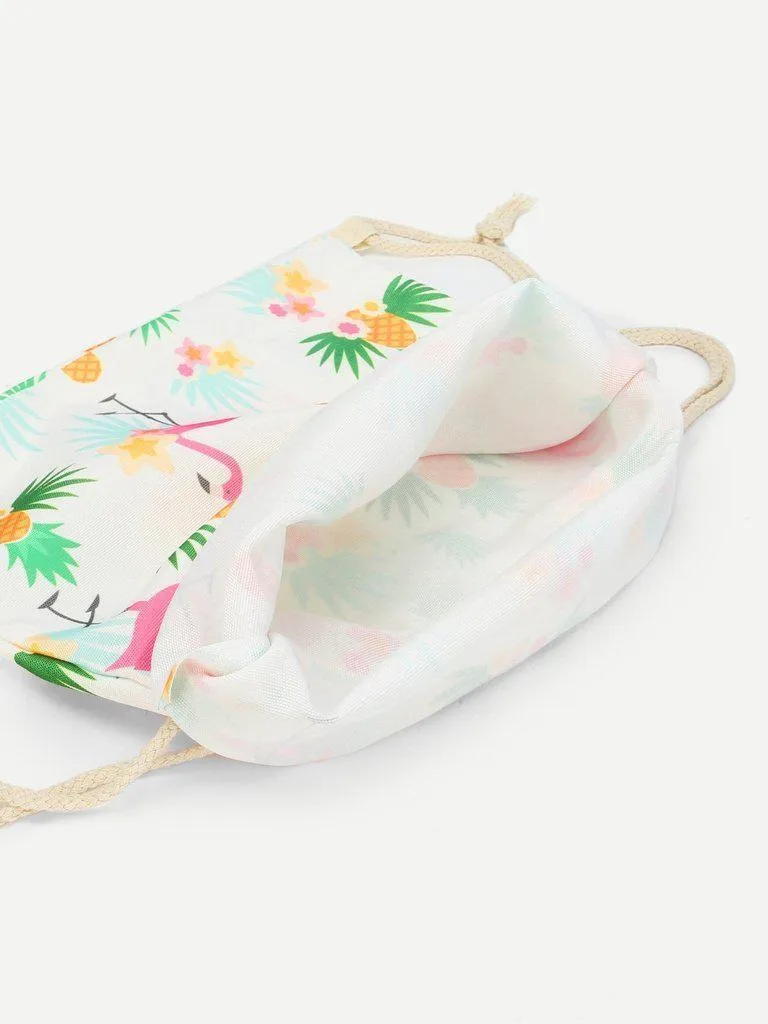 Pineapple & Flamingo Print Drawstring Backpack