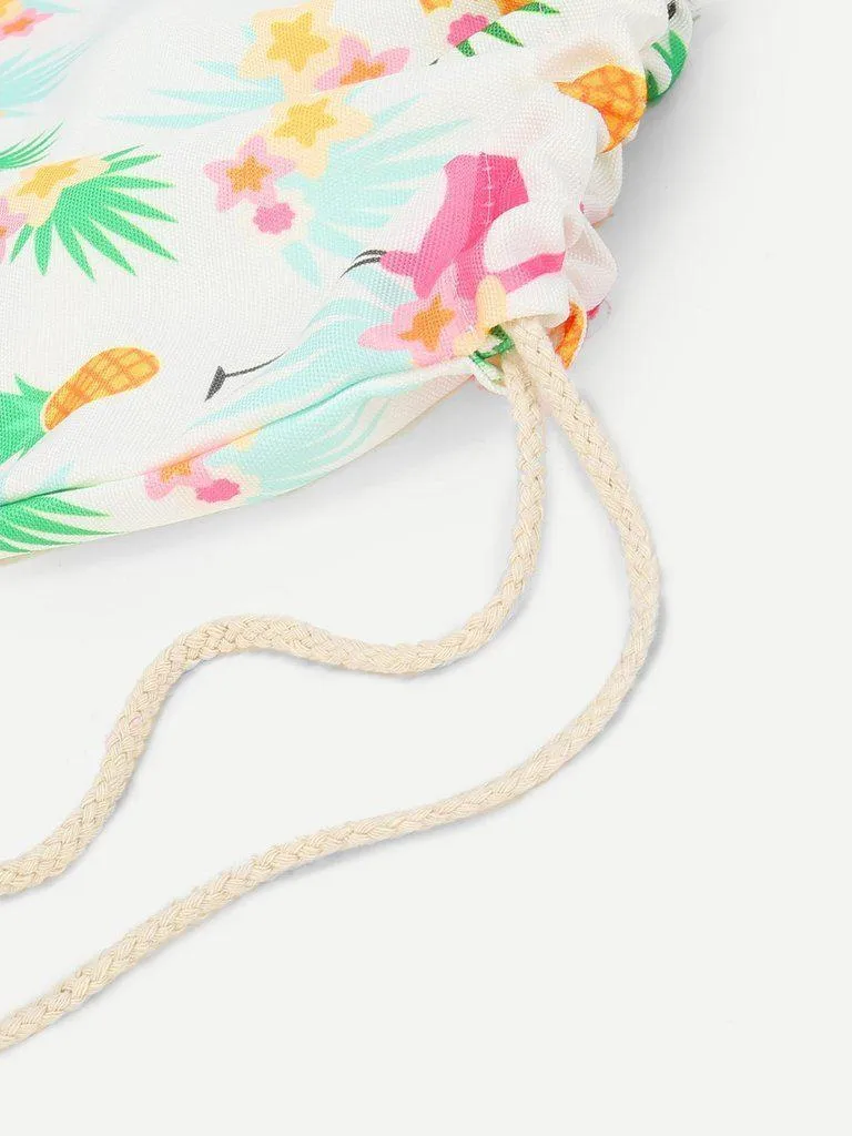 Pineapple & Flamingo Print Drawstring Backpack