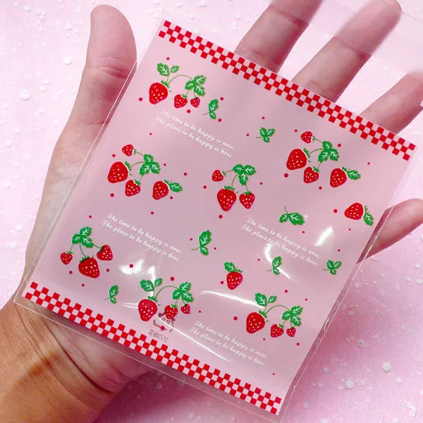 Pink Strawberry Pattern Gift Bags (20 pcs) Kawaii Self Adhesive Resealable Clear Plastic Gift Wrapping Bags (9.9cm x 10.9cm) GB031